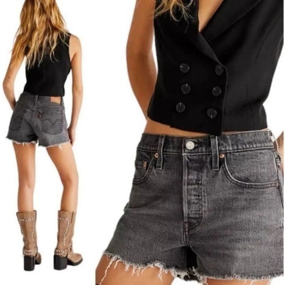 Levi’s Womens 28 Premium 501 Button Fly Denim Jean Shorts Gray Black Mesa Cabo - Picture 15 of 16